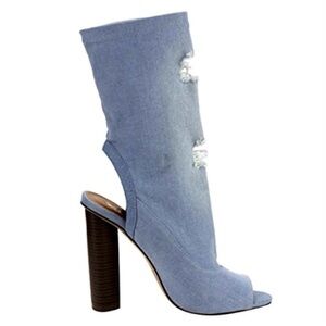 X2B Stylish Distressed Denim Peep-Toe Booties